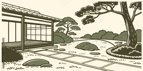 Serene Japanese Garden with Traditional House and Landscape Scenery