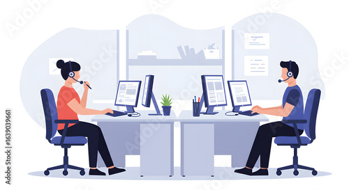 Two dedicated customer service agents, a man and a woman, are busy working on computers with headsets, providing online support in a modern call center environment.