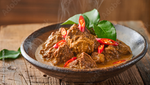 Close-up of tender beef rendang in thick coconut curry sauce, steam rising, rustic wooden background, natural daylight, shallow depth of field, appetizing presentation