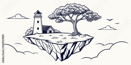 A solitary lighthouse and tree stand on a floating island amidst the clouds