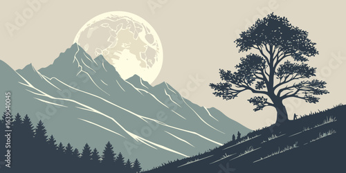 Serene mountain landscape with a large moon and silhouetted tree