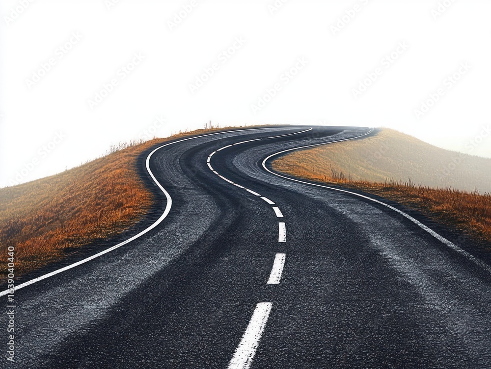 Fototapeta premium Empty winding paved road curving between grassy hills under bright sky with a slight foggy horizon