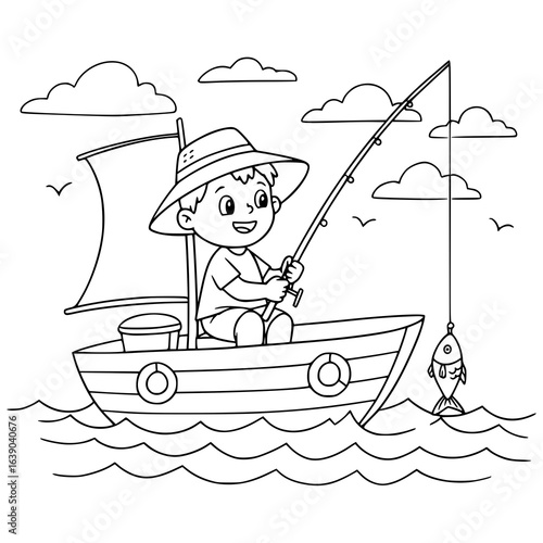 Charming young boy silhouette fishing from sailboat, catching a fish in the sea for a fun summer activity