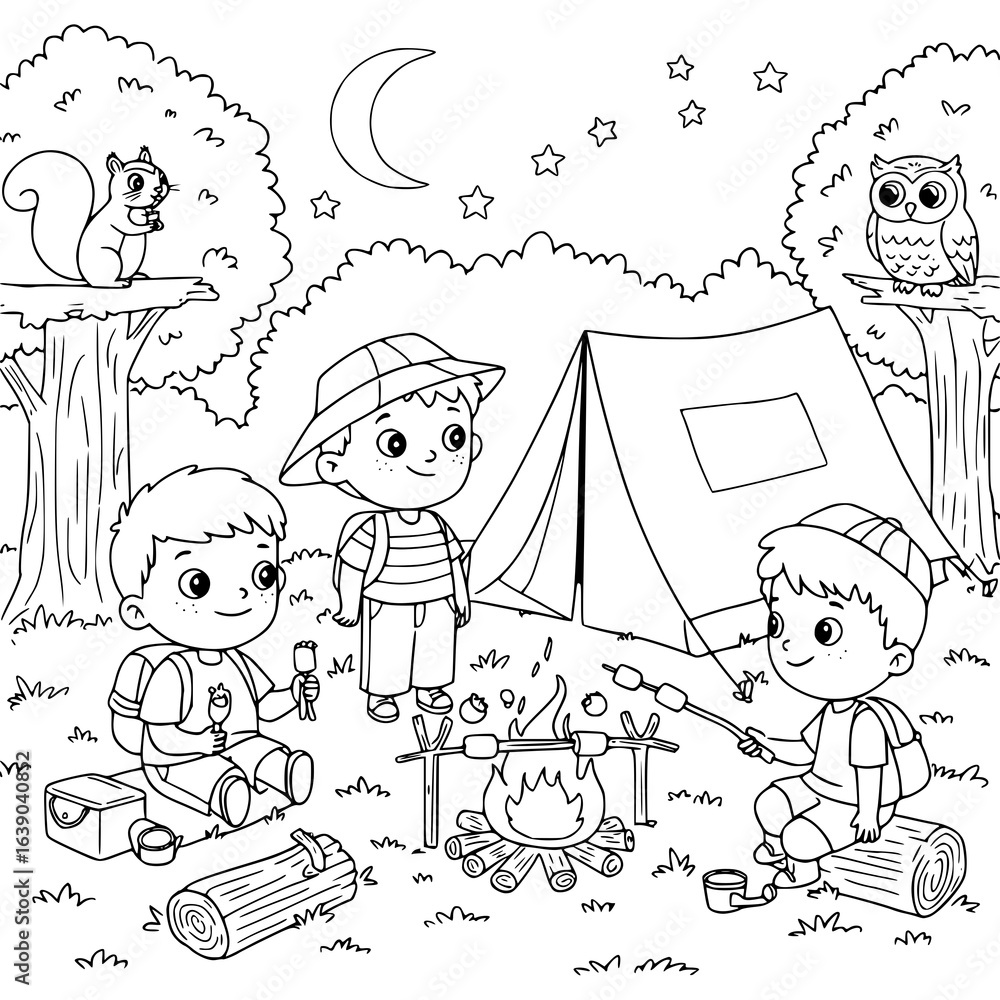 Fototapeta premium Camping adventure silhouette with friends roasting marshmallows under the moon and stars