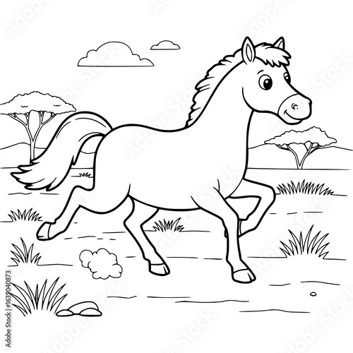 Dynamic cartoon horse silhouette illustration in a field ready for adventure and fun stories