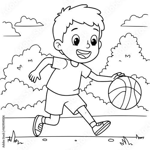 Dynamic silhouette of boy dribbling basketball, fun active lifestyle, youth sports vector art