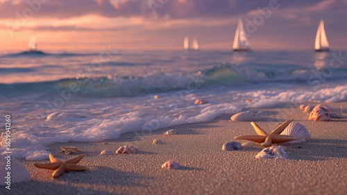 Serene beach sunset with starfish and sailboats. AI image