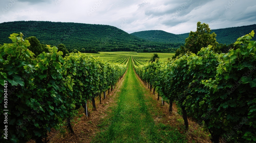 Fototapeta premium Lush Vineyard Landscape with Green Rows of Grapevines under Cloudy Sky and Rolling Hills in Background