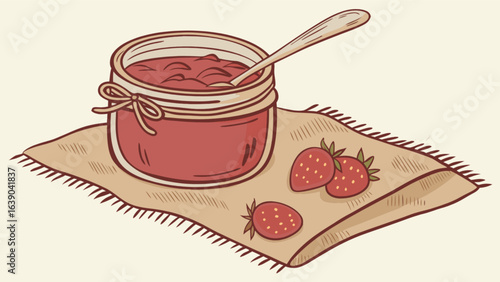 Delicious homemade strawberry jam recipe in glass jar with spoon and fresh strawberries illustration