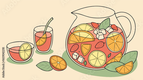 Refreshing summer sangria recipe with citrus fruits and strawberries in a pitcher and glasses illustration