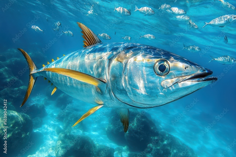 Naklejka premium Close-up of a large tuna fish swimming underwater with smaller fish in the clear blue ocean, showcasing vibrant fins and reflective scales
