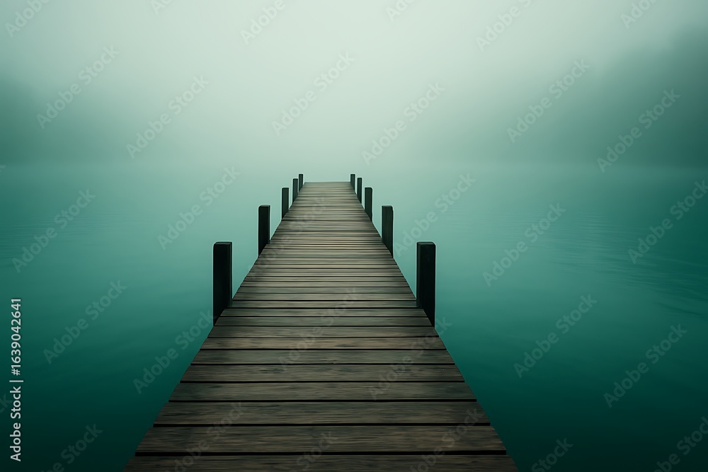 Obraz premium Wooden Pier Extending into Misty Teal Lake