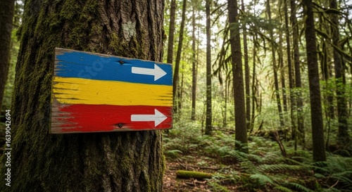 A colorful wooden sign with arrows points the way a hiking trail through a lush green forest, inviting exploration and adventure in the natural landscape