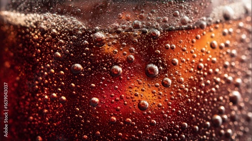 Close-up of ice-cold beverage with bubbles and red lighting. AI image