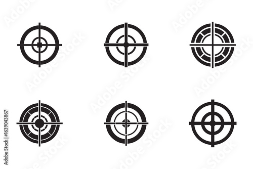 Collection of Target Icon Designs for Precise Targeting and Accuracy with Varied Crosshair Styles and Rings Set Against a Clean White Background