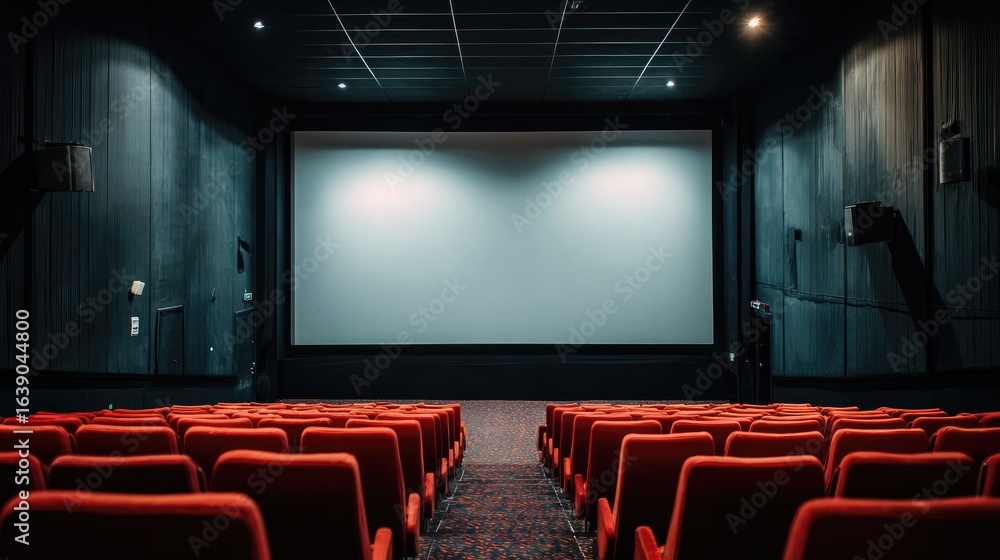 Fototapeta premium Empty Movie Theater Interior with Red Seats and Blank Projection Screen Awaiting Audience Experience