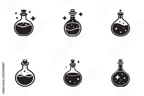 Collection of Unique Magical Potion Bottle Icons in Black and White Ready for Spells and Enchantments for Halloween and Fantasy Designs