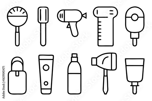 Collection of beauty and grooming tools line art isolated on transparent background