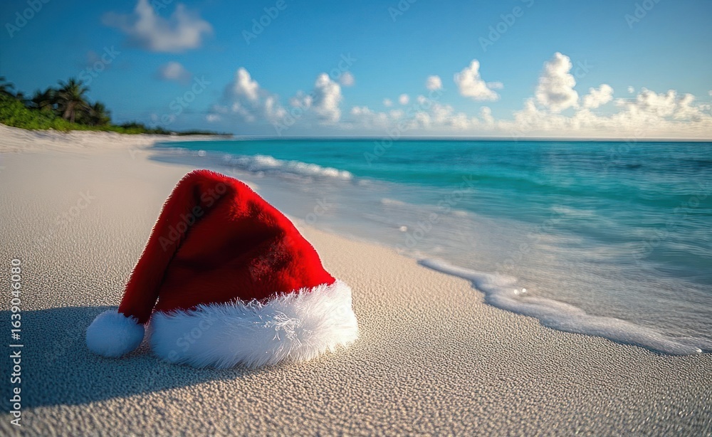 Red Santa Claus hat lying on white sandy beach with calm turquoise sea and blue sky with scattered clouds in background Red Santa Claus hat lying on white sandy beach with calm turquoise sea and blue sky with scattered clouds in background