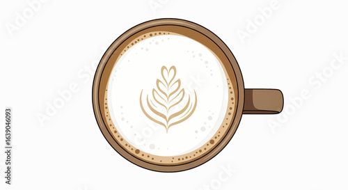 A top-down vector illustration of a coffee cup with intricate rosetta latte art in the milk foam. A concept of cafe culture and morning beverages.