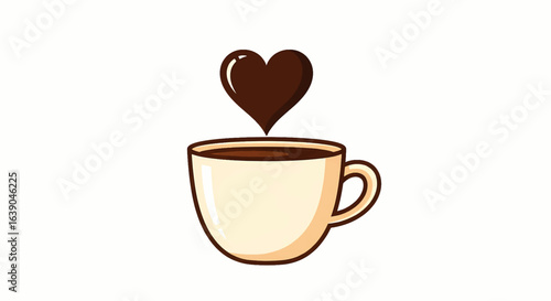 A cute cartoon coffee cup with a brown heart symbol, representing a deep love for warm beverages like coffee or hot chocolate.