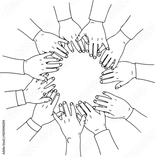 United hands reaching in the center, symbolizing unity, cooperation, teamwork, partnership, line art