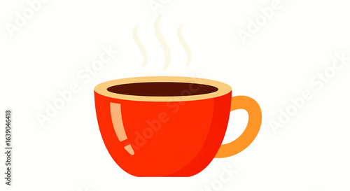 Illustration of a steaming hot beverage in a red cup, a symbol for a coffee break and a morning concept