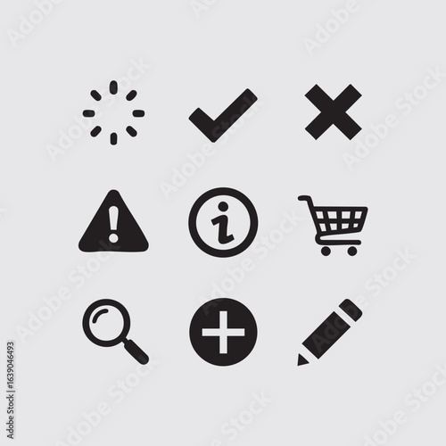 Hand-drawn user interface icon set. Collection of essential web symbols like check, add, search, and warning.