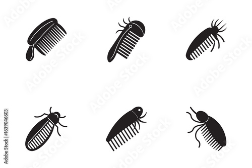 Conceptual image of insects combined with hair combs signifying infestations and treatment or stylized pest control icons for sanitation services