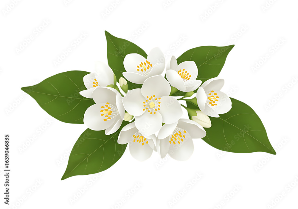 Obraz premium White jasmine flowers with green leaves isolated on transparent background