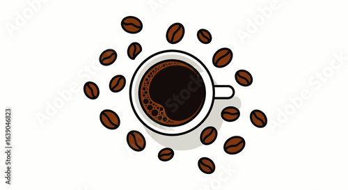 Top view illustration of a cup of black coffee surrounded by roasted beans. Aromatic morning beverage concept.
