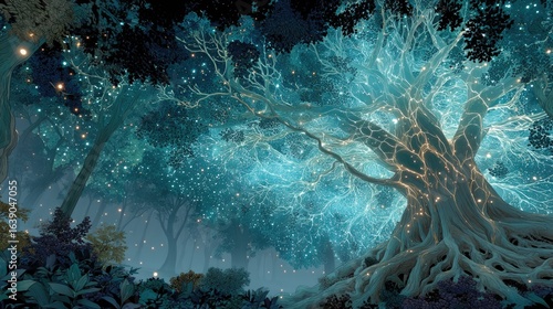 Bioluminescent Forest at Night: Glowing Tree with Sparkling Roots