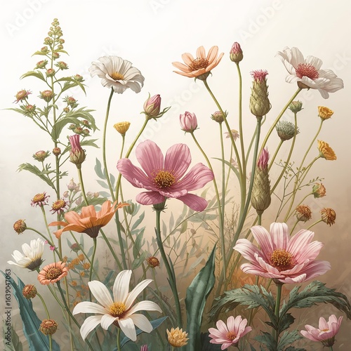 Wallpaper Mural flowers on a white background art decoration design nature plant summer spring blossom beauty flora grass leafs blooming meadow blue yellow pink purple violet  green background close-up Torontodigital.ca
