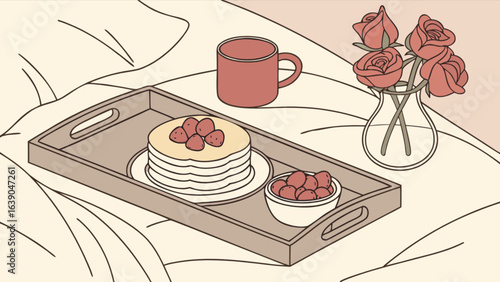 Breakfast in bed with pancakes strawberries coffee and roses romantic morning aesthetic illustration art 100