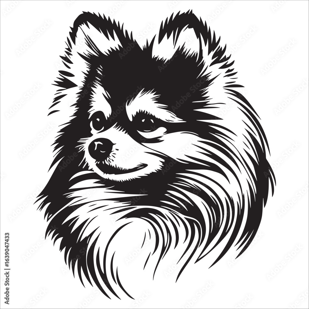 Fototapeta premium Pomeranian Dog Head Black and White Illustration