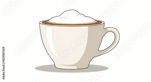A classic white ceramic cup of fresh cappuccino coffee with a generous heap of steamed milk foam. Simple isolated vector illustration on a clean white background.