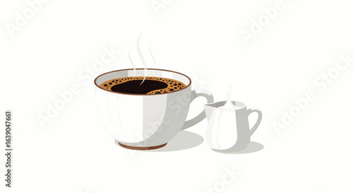 Vector illustration of a steaming hot cup of black coffee with a side creamer jug, isolated on a white background.