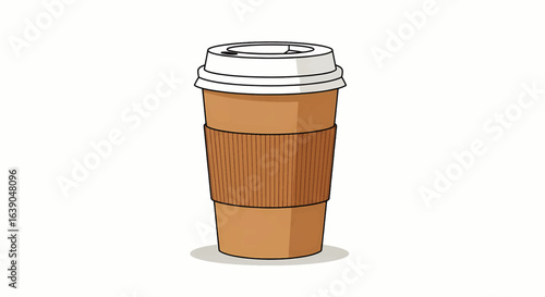 A simple vector illustration of a generic disposable paper coffee cup with a lid and sleeve, isolated on a white background.