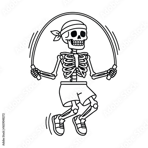 A skeleton is jumping rope, isolated on white background, engaging in a fitness activity, and enjoying a healthy lifestyle with a cardio workout