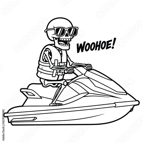 A skeleton is riding a jet ski, isolated on white background, enjoying summer fun and vacation, and engaging in a recreational activity