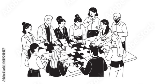 Teamwork illustration of diverse people solving puzzle together, monochromatic vector