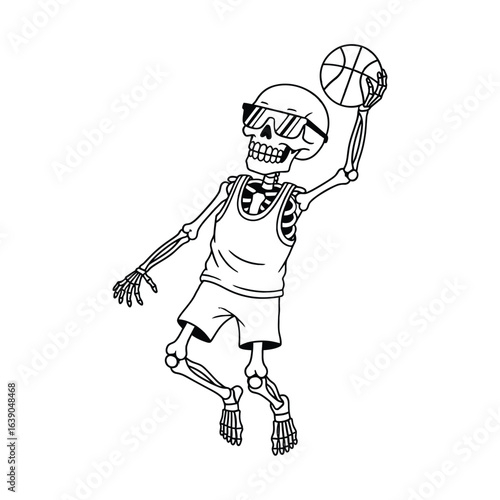 A skeleton is playing basketball, isolated on white background, participating in a competitive sport, and showcasing athletic fitness