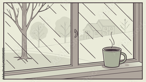 Cozy rainy day scene with coffee mug on windowsill overlooking trees and houses in the distance outside window