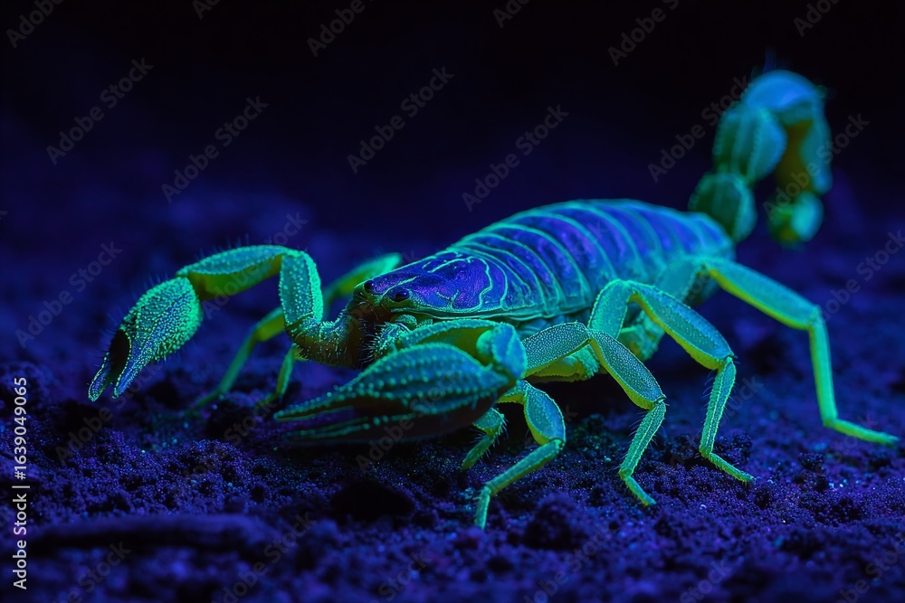 Fototapeta premium Intriguing Scorpion Under Blacklight A Closeup View of Fluorescence and Bioluminescence