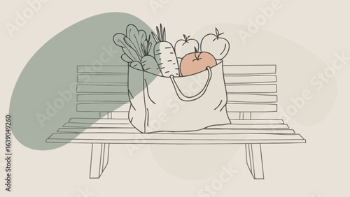 Organic produce in tote bag on bench illustration for healthy lifestyle and sustainable living concept