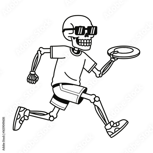 A skeleton is running with a frisbee in hand, isolated on white background this cartoon character is engaged in a fun sport activity