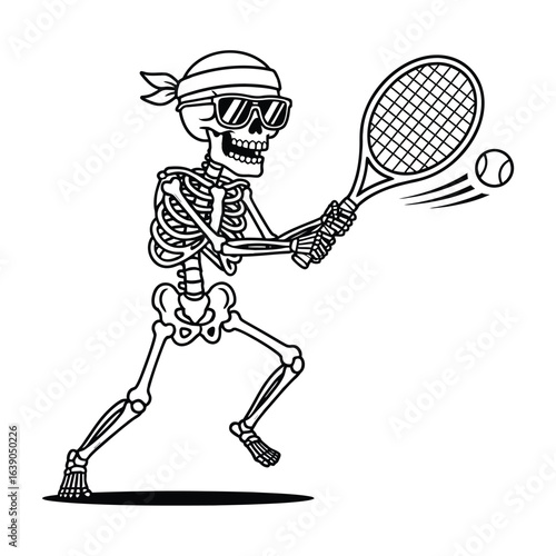 A skeleton playing tennis with a racket and a ball isolated on white background a cartoon illustration of a skeleton athlete in action on the tennis court