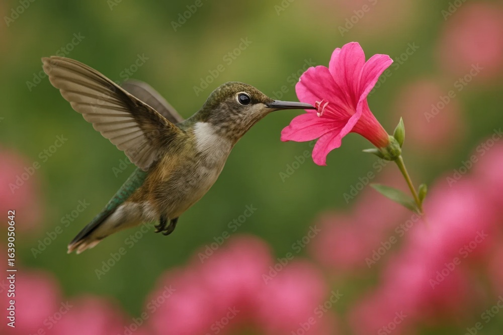 Naklejka premium A delicate hummingbird graces the scene with its vibrant pink flower, a moment of nature's harmony