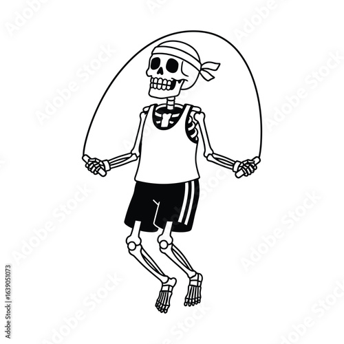 A skeleton is jumping rope as an exercise for fitness and health, isolated on white background