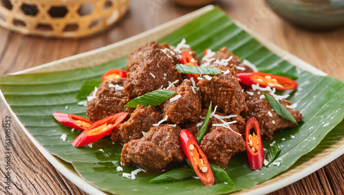 Authentic Indonesian beef rendang served on a banana leaf plate, garnished with fresh red chili, kaffir lime leaves, and coconut shavings, traditional Minangkabau style, rich brown sauce, high-resolut